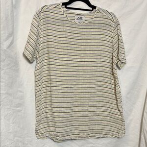 Flax Green, Blue & Pale Yellow Striped Short Sleeve Shirt Size Small